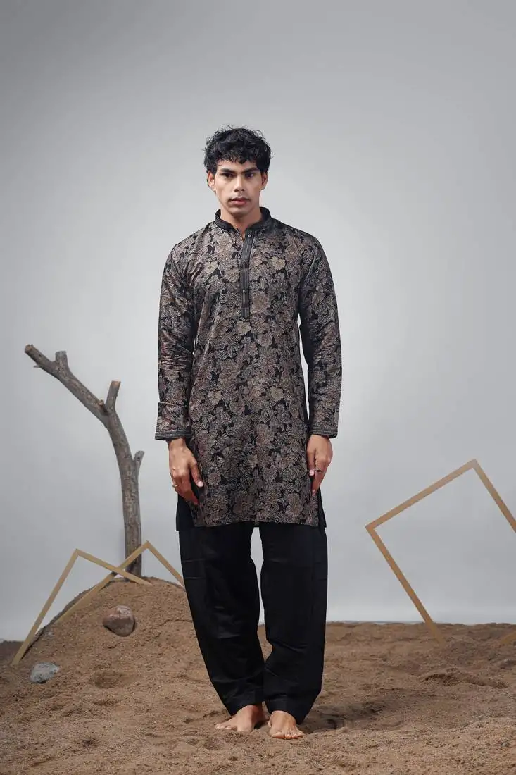 Black designer printed modal fabric stylish kurta pajama for mens
