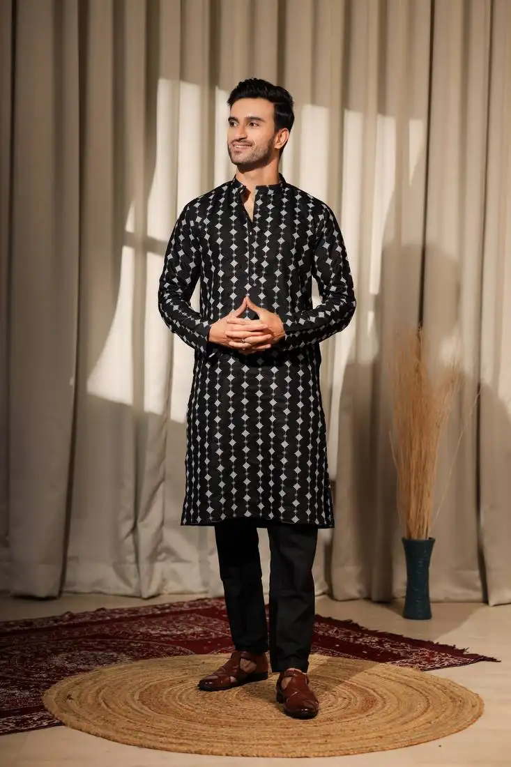 Black viscose fabric designer embroidery work ethnic ceremonial kurta pajama fo mens