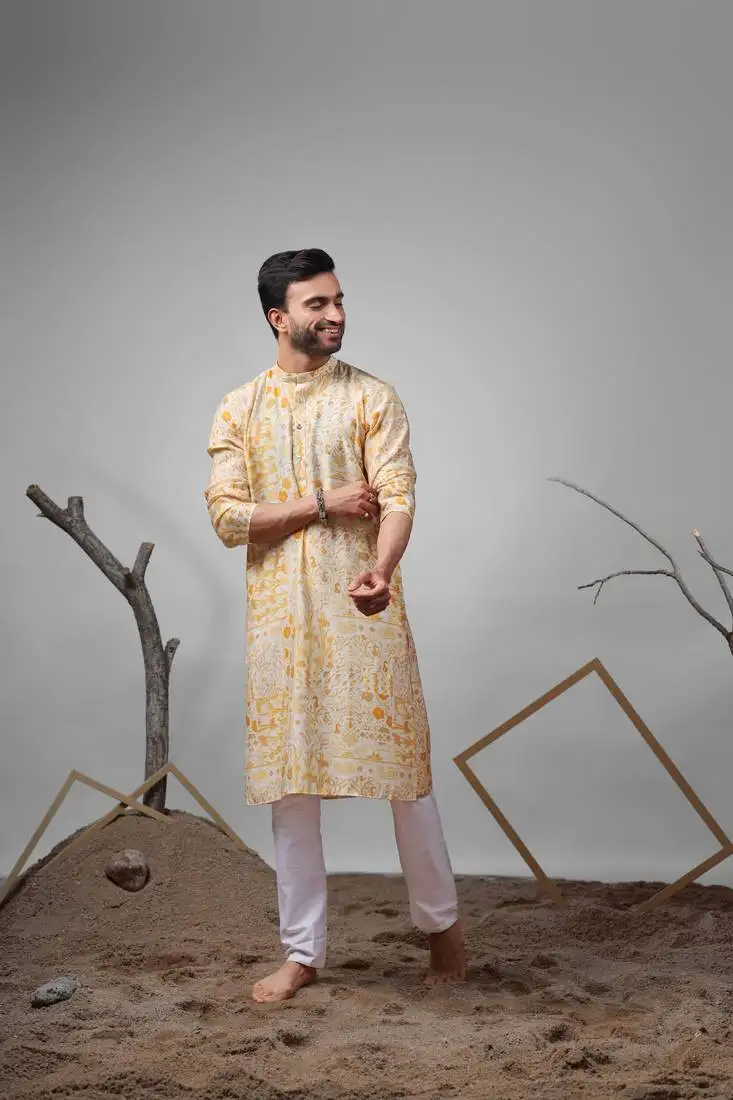 Yellow modal silk fabric designer printed ethnic ceremonial kurta pajama for mens