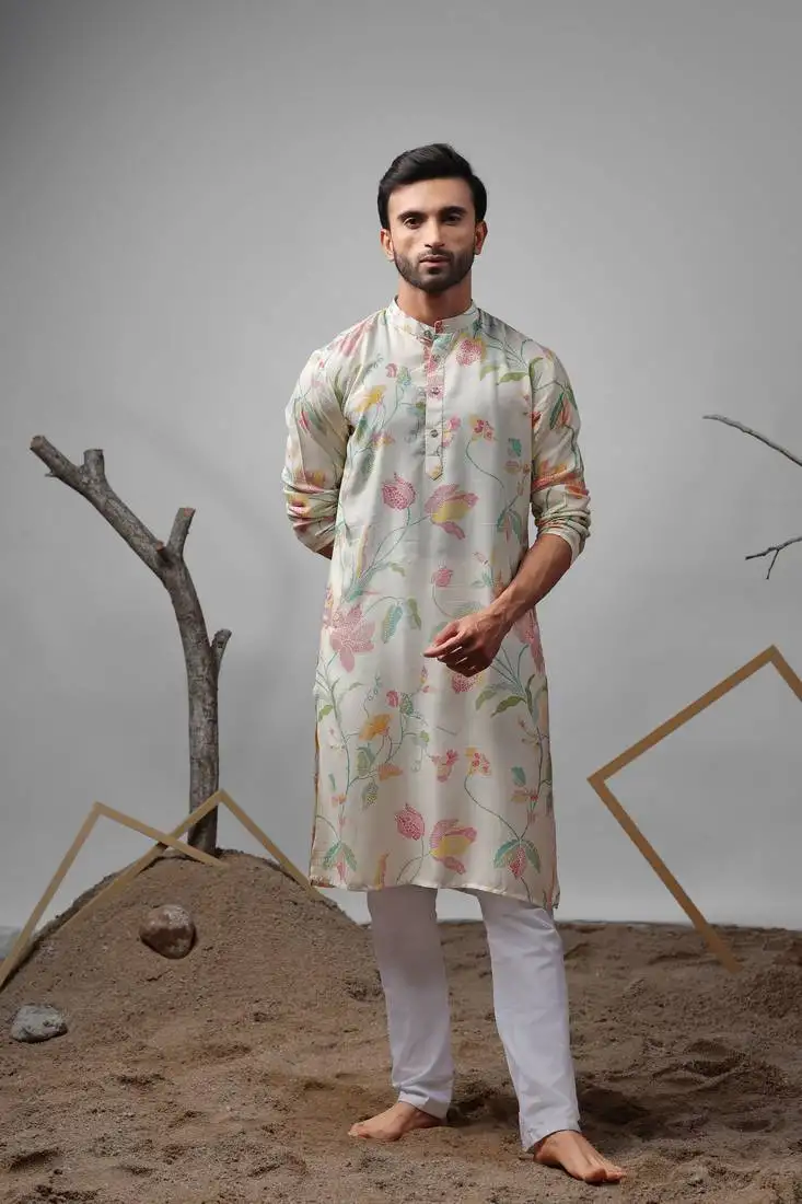 White muslin fabric designer printed ethnic ceremonial kurta pajama for mens