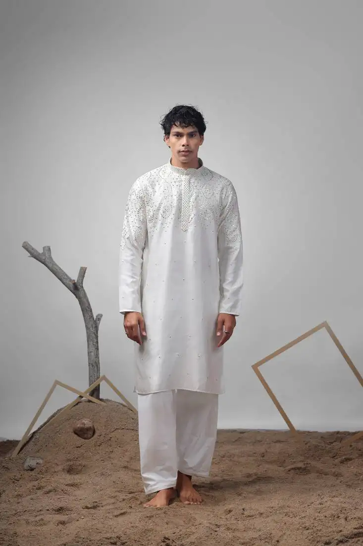 White color greek satin fabric heavy embroidery work ethnic ceremonial kurta pajama for mens