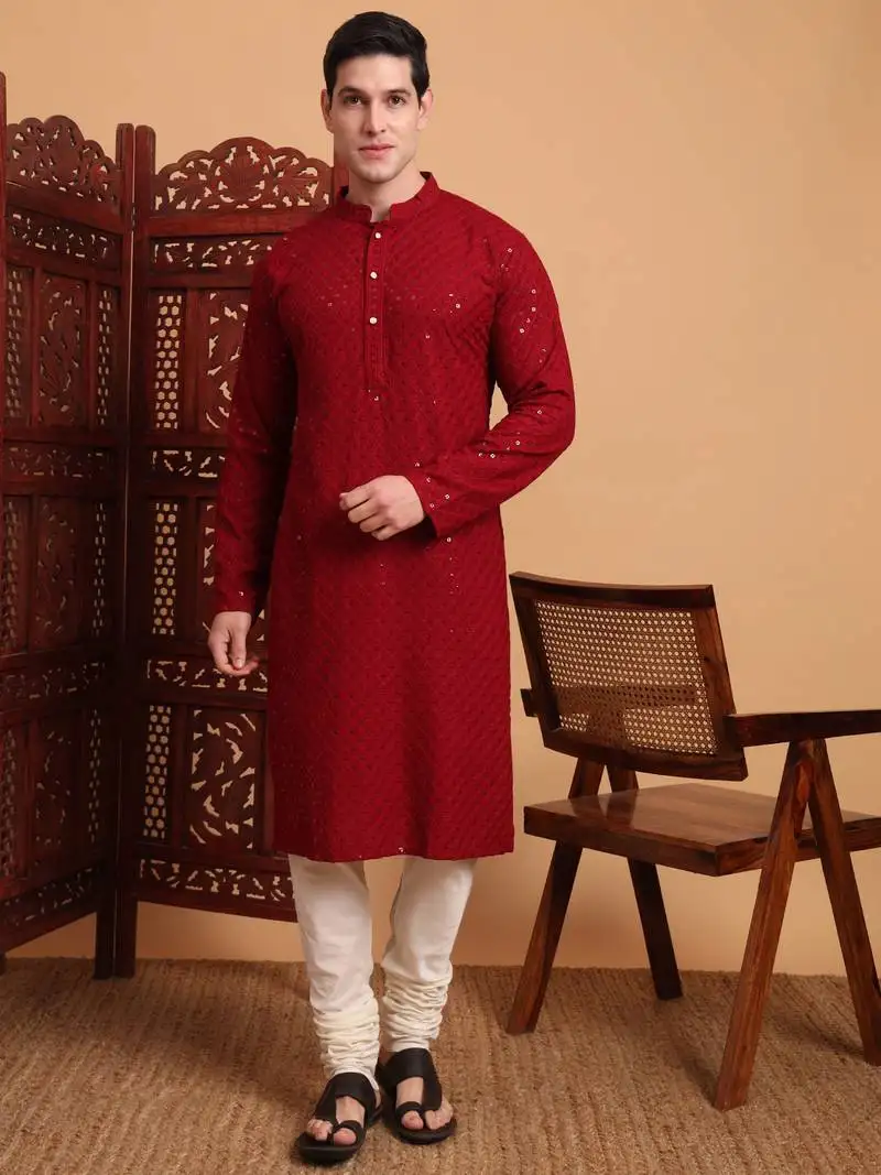 Red rayon fabric chikankari embroidery work traditional kurta pajama for mens
