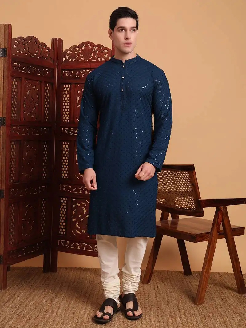 Blue rayon fabric chikankari embroidery work traditional kurta pajama for mens