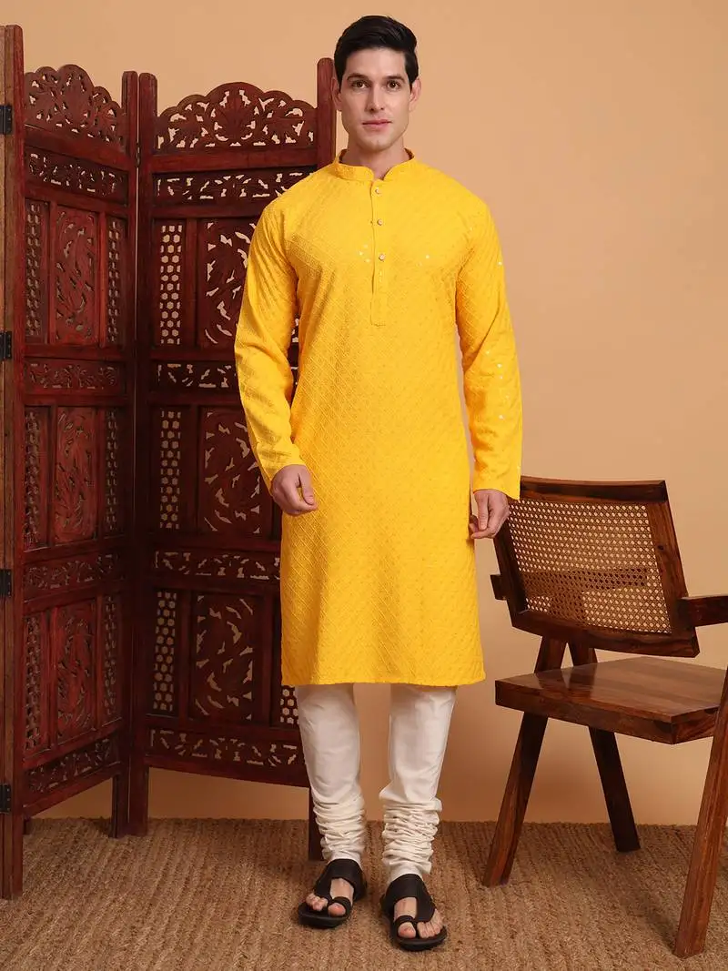 Yellow rayon fabric chikankari embroidery work traditional kurta pajama for mens