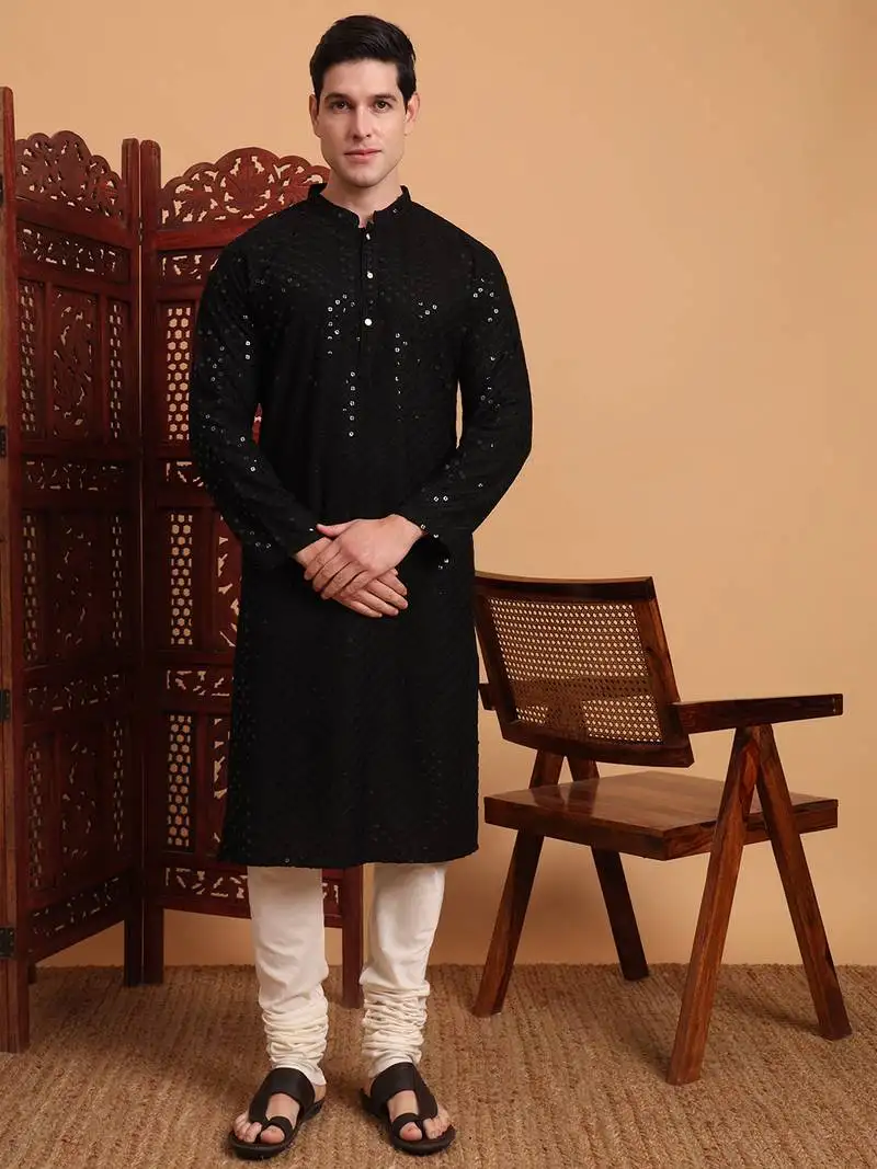 Black rayon fabric chikankari embroidery work traditional kurta pajama for mens