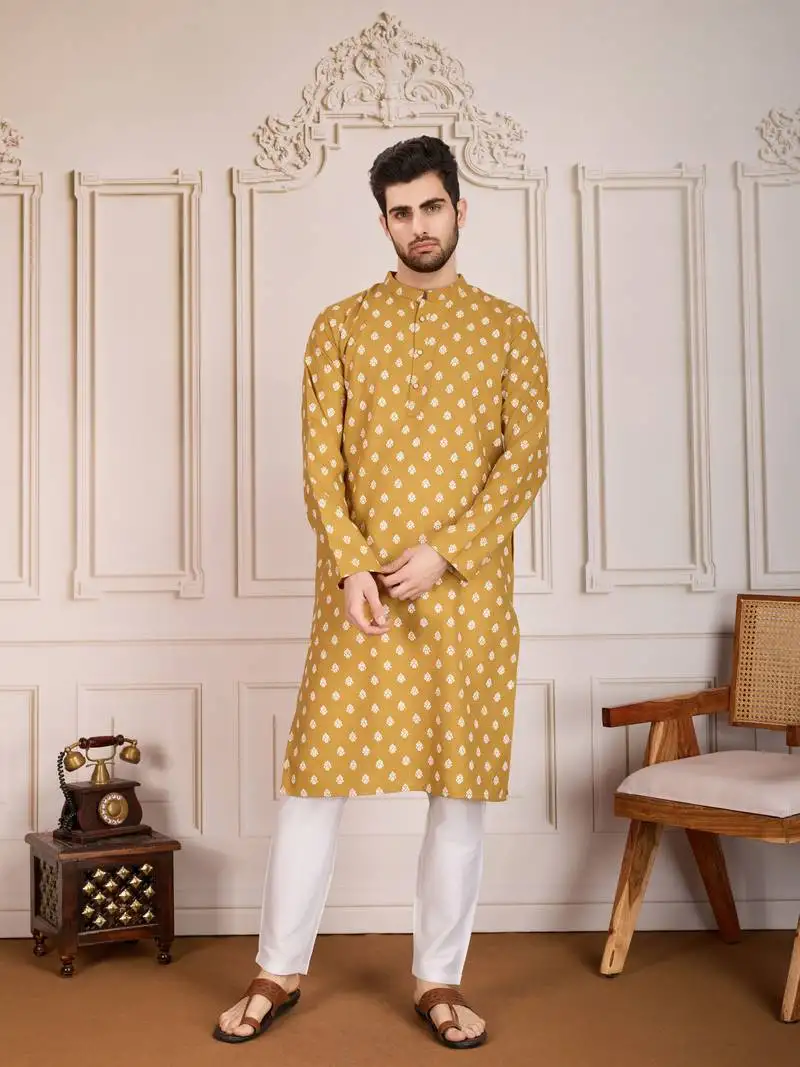 Brown smart and stylish printed cotton fabric kurta pajama for mens