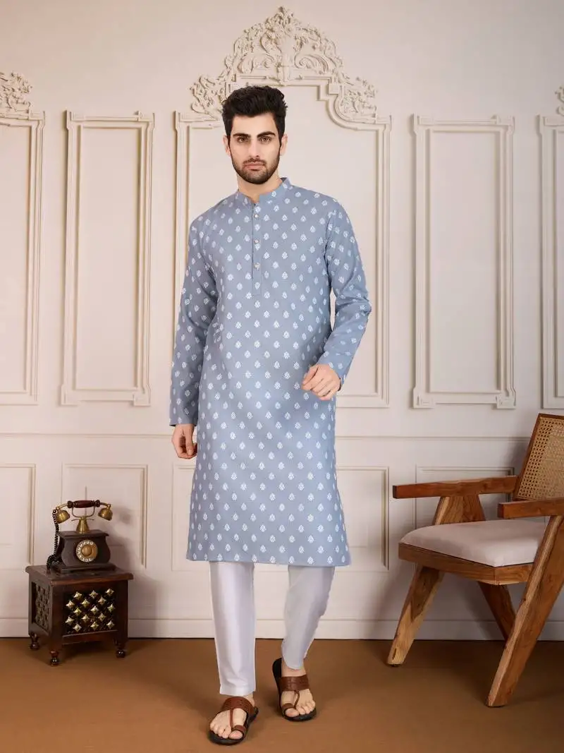 Blue smart and stylish printed cotton fabric kurta payjama for mens