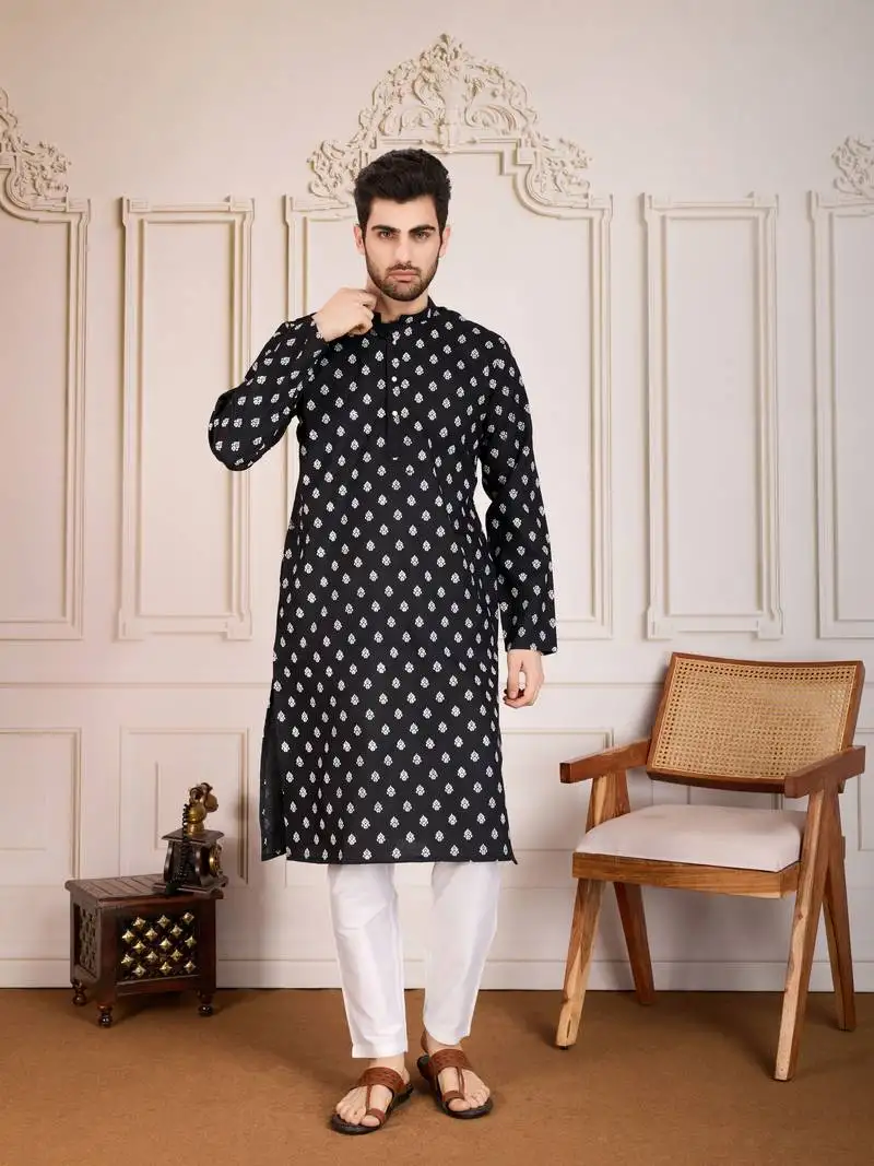 Black smart and stylish printed cotton fabric kurta pajama for mens