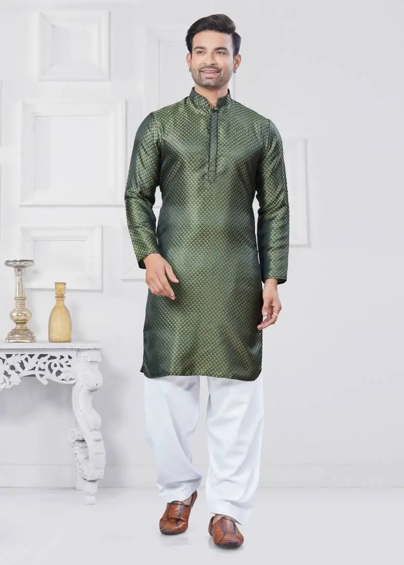 Mehendi jecquard silk pathani suits for mens wear