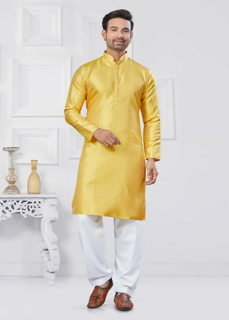 Yellow jacquard silk pathani suits for mens