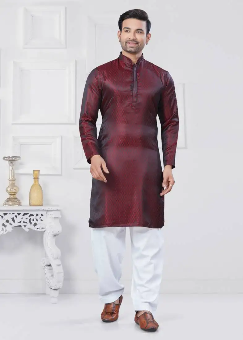 Maroon jecquard silk pathani suits for mens wear
