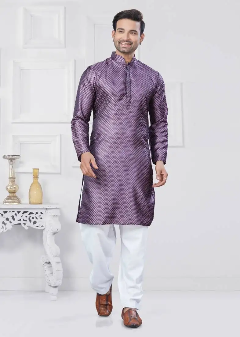 Purple jecquard silk pathani suits for mens wear