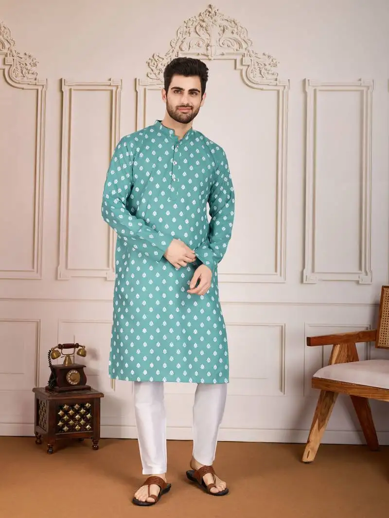 Sea green smart and stylish printed cotton fabric kurta pajama for mens