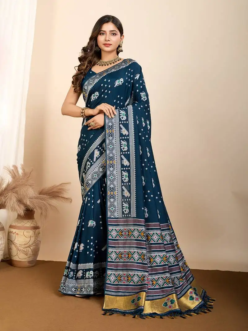 Navy blue animal print art silk ikat saree with matching blouse