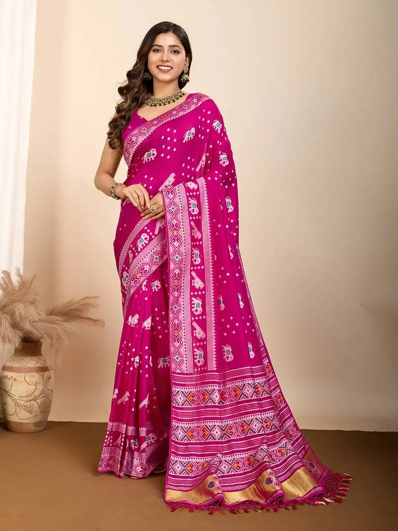 Rani pink animal print art silk ikat saree with matching blouse