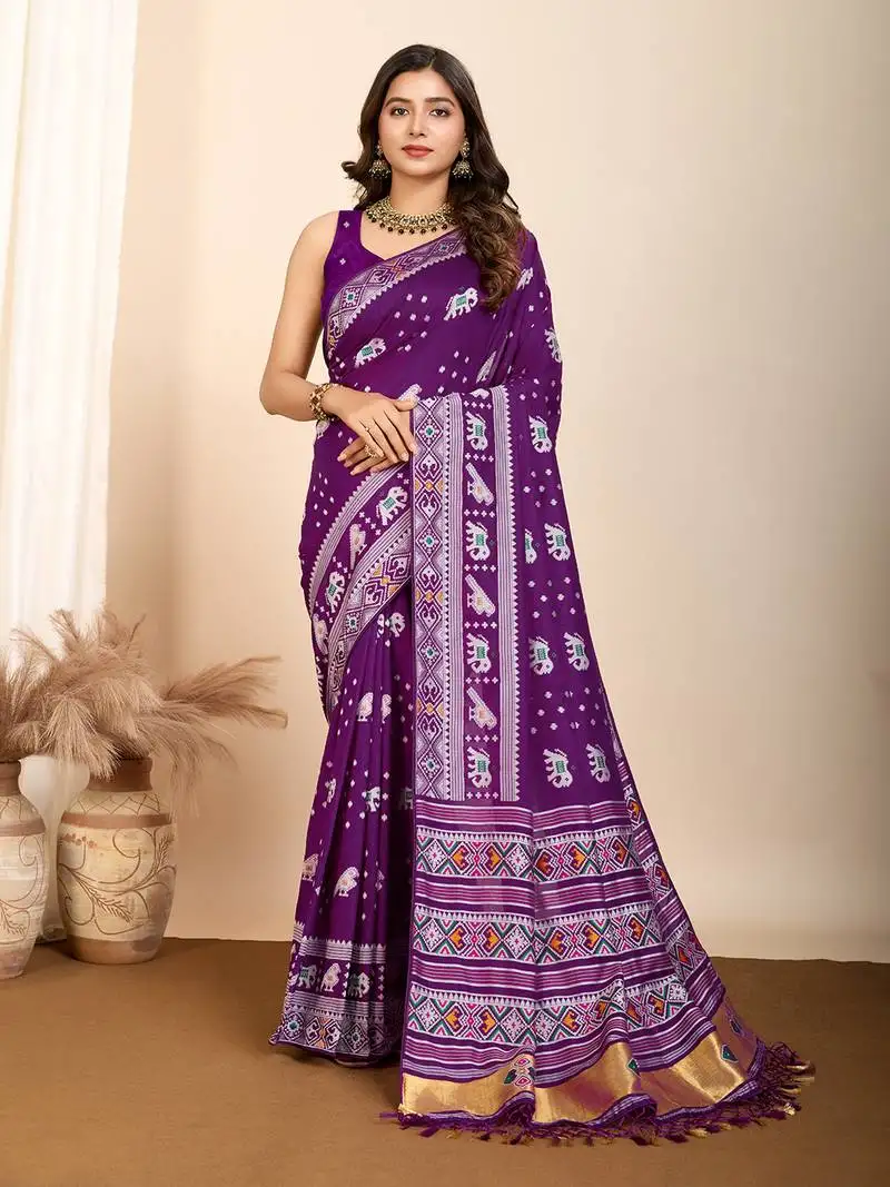 Purple animal print art silk ikat saree with matching blouse