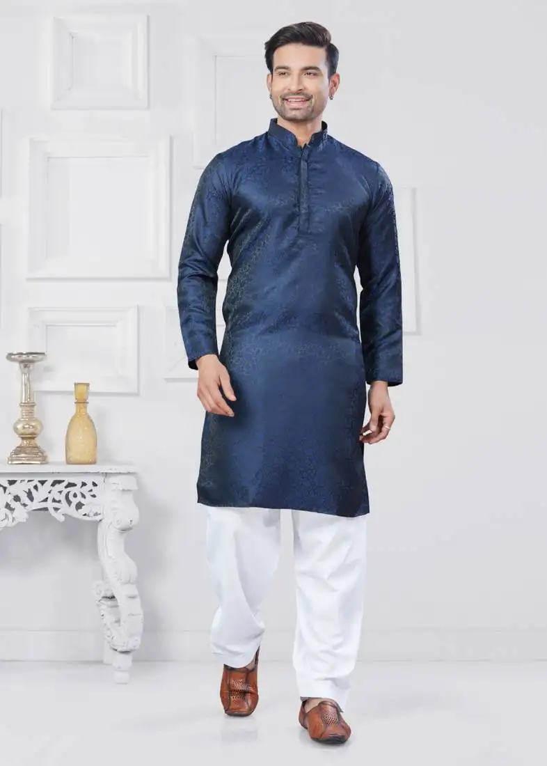 Navy blue jacquard silk pathani suits for mens wear