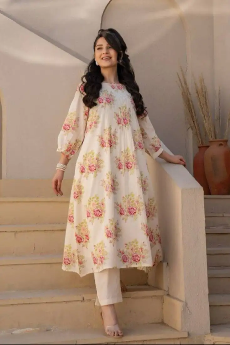 Manjula caramel floral cotton kurta pant set