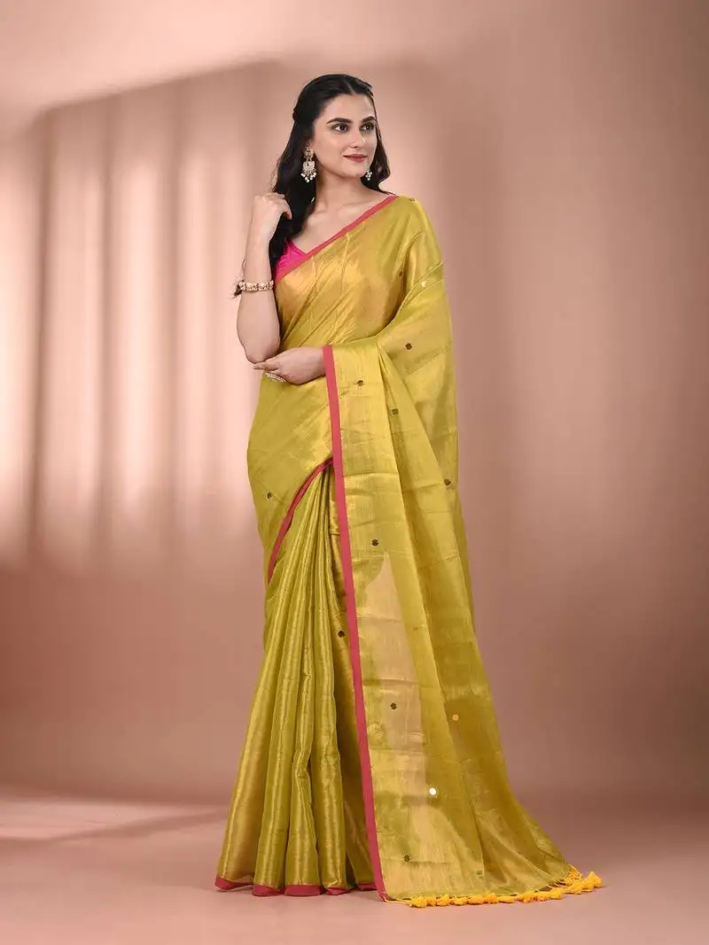 Lime green tissue soft saree with sequined work