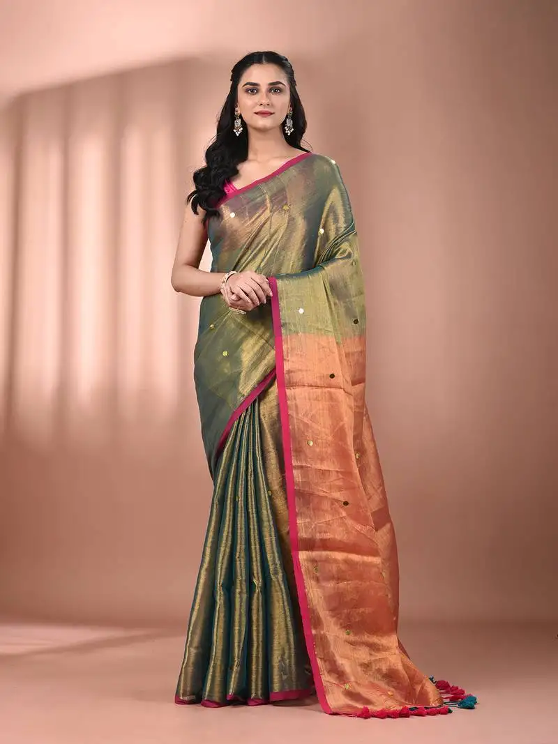 Green tissue soft saree with sequined work