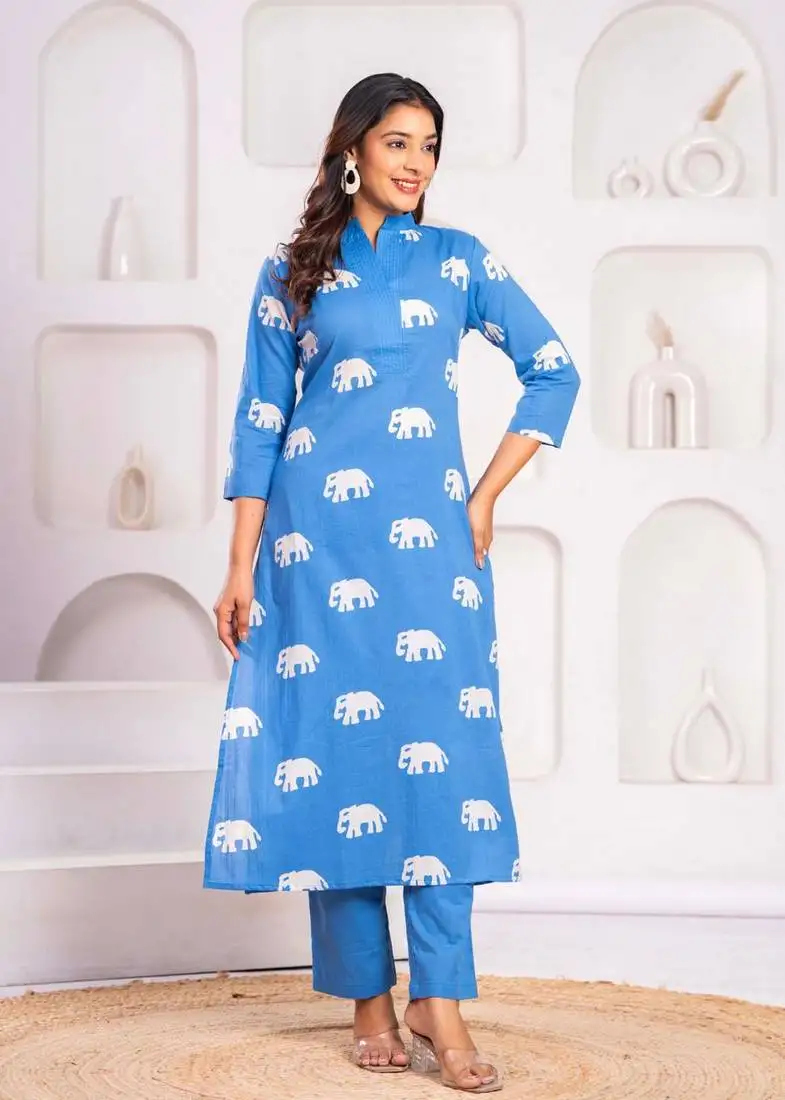 Jayti aqua elephant cotton kurta pant set