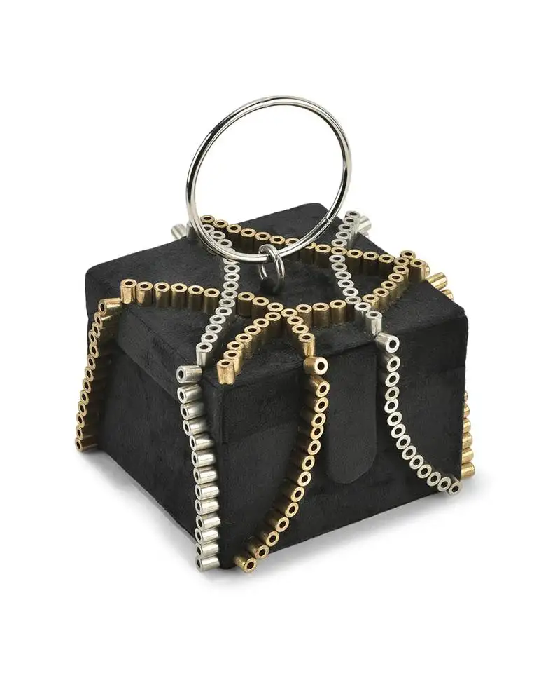 Black handfcrafted semi suede edgy square rivet bag