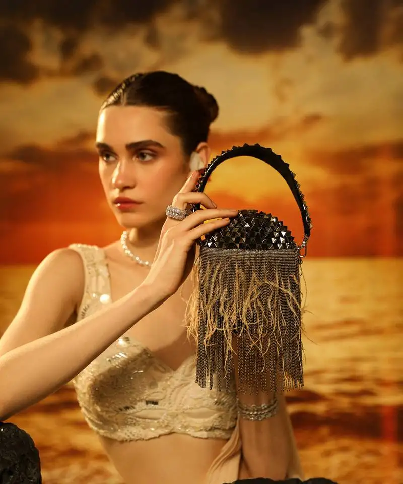 Black semi suede bucket handbag