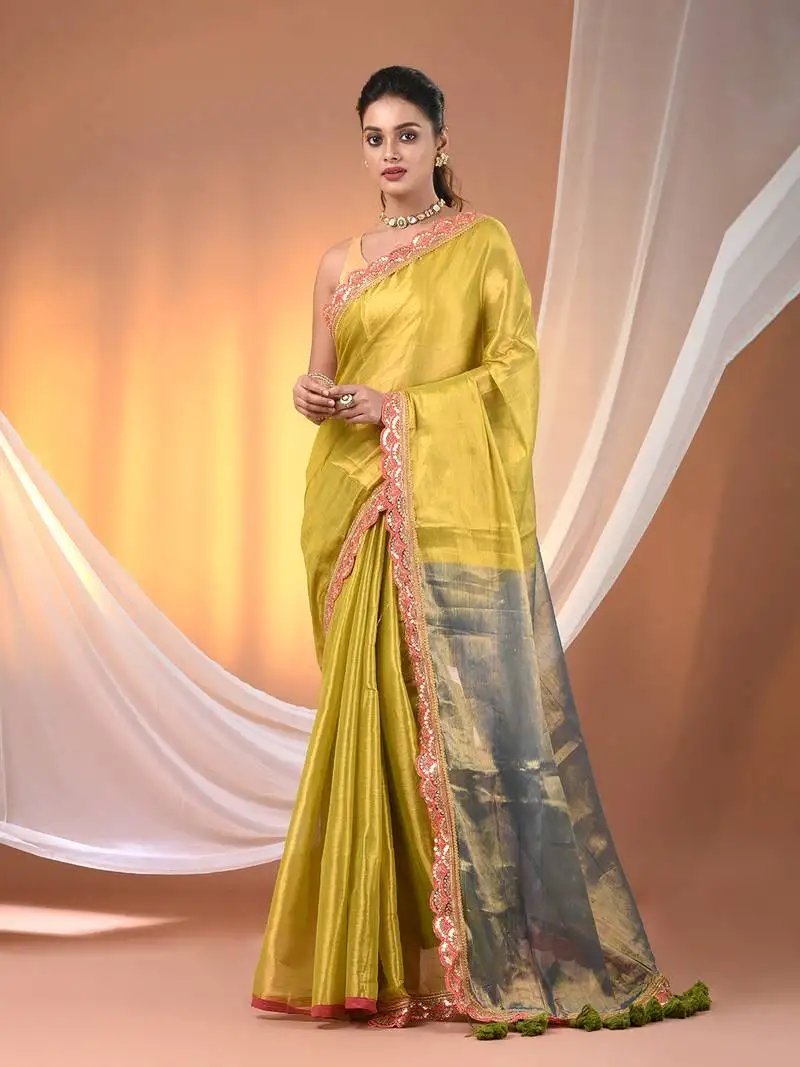 Lemon yellow and blue shimmer tissue saree with gota patti borders