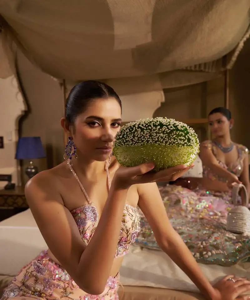 Green handcrafted semi suede clutche