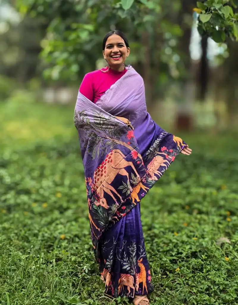 Blue printed mixed tussar saree
