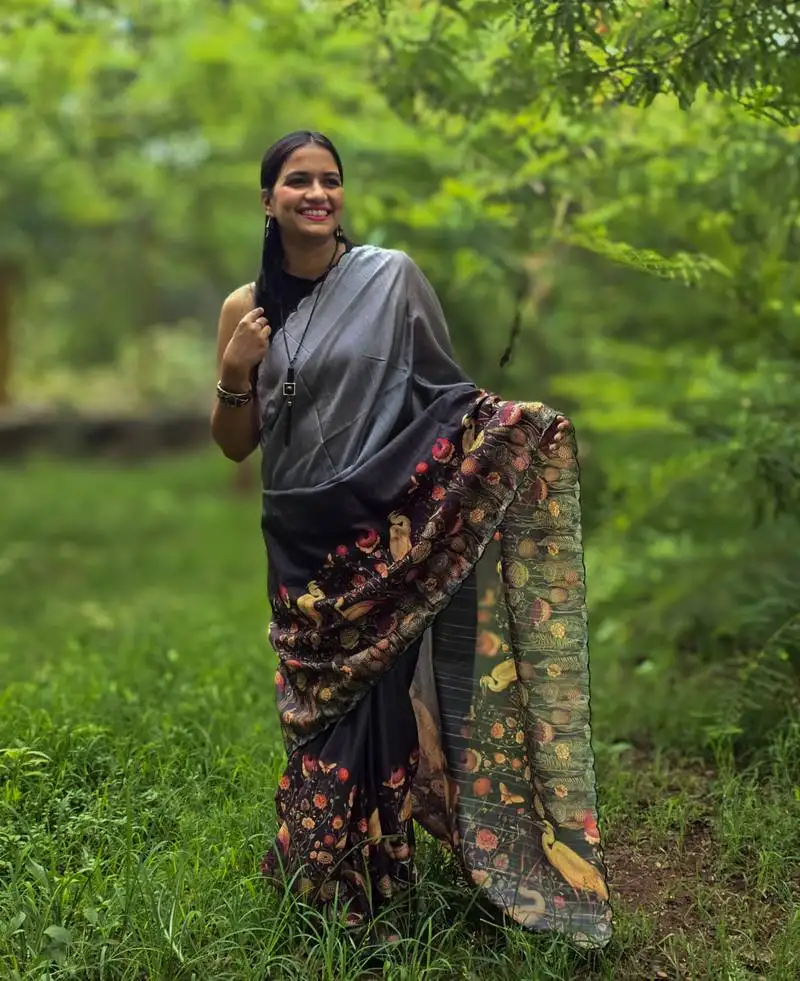 Black printed mixed tussar saree