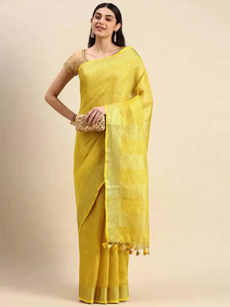 Golden tissue linen saree with unstitched blouse piece