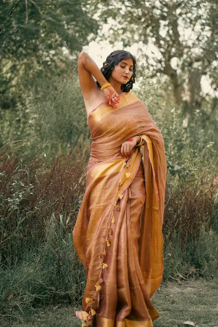 Brown tissue linen saree with unstitched blouse piece