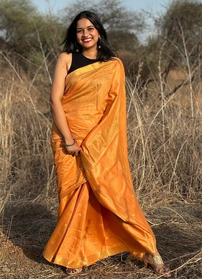 Orange kota silk blend saree with unstitched blouse piece