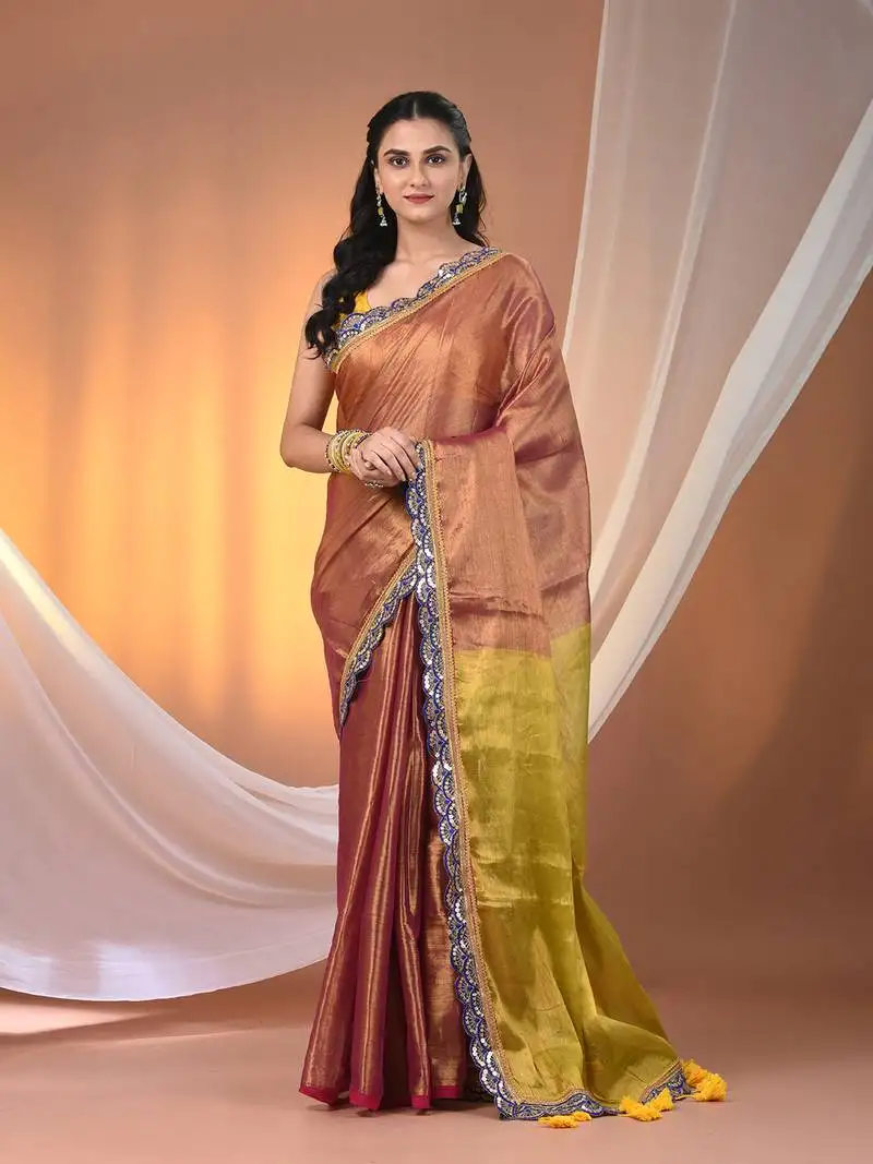 Magenta and lime green shimmer tissue saree with gota patti borders