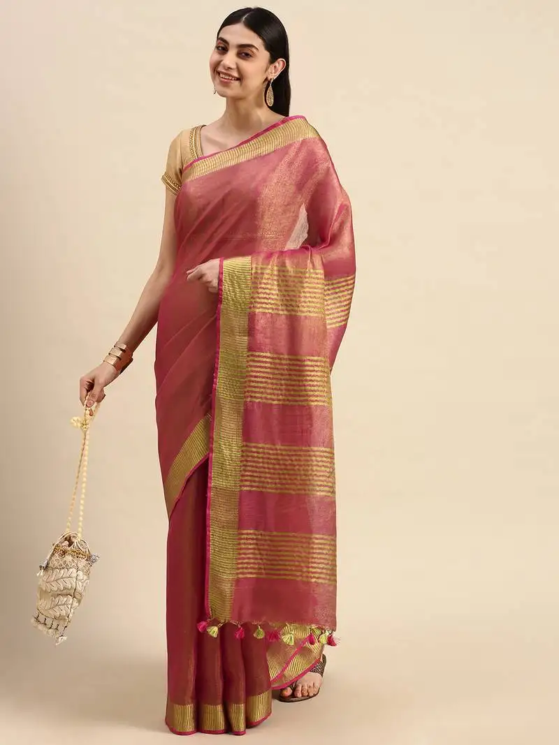 Red tissue linen saree with unstitched blouse piece