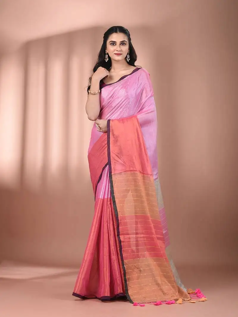 Dark and light pink tissue soft saree with pompom