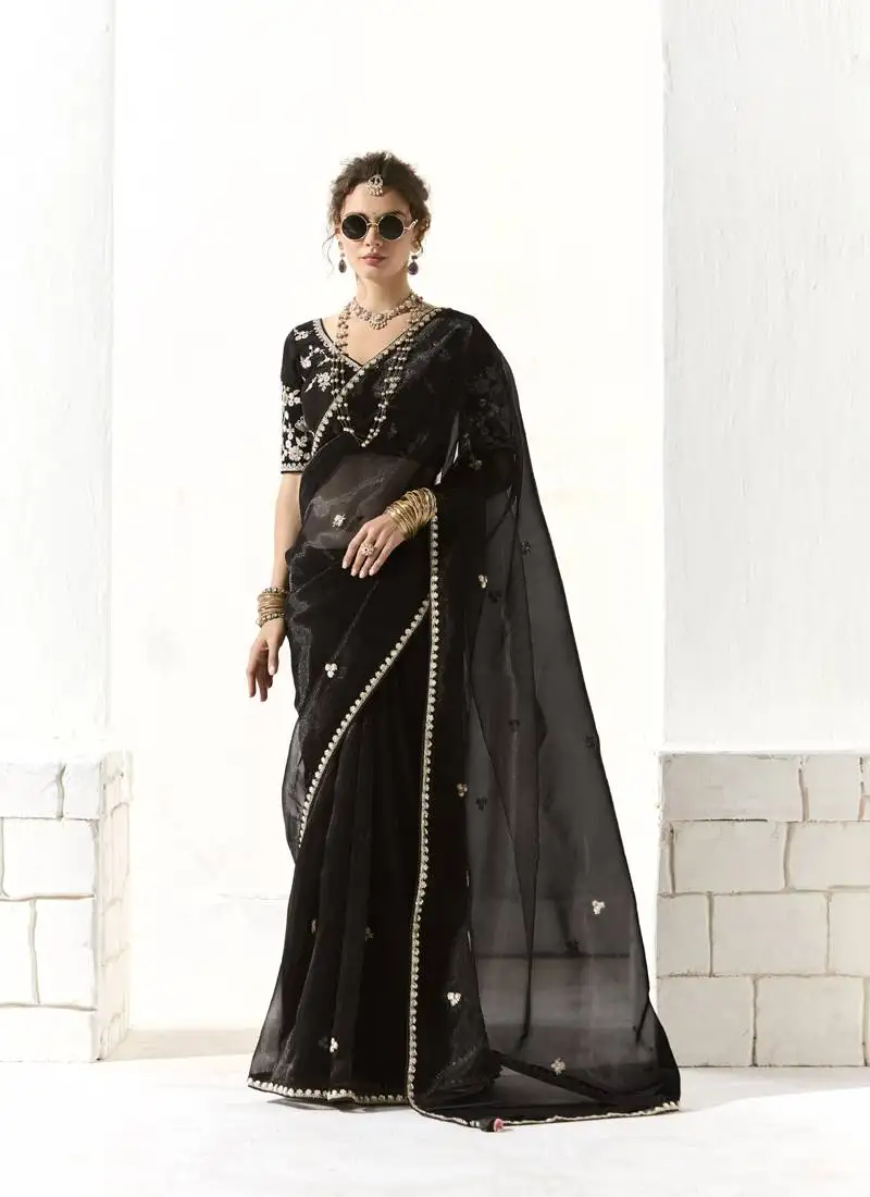 Black glass tissue saree with sequin zari weaving blouse