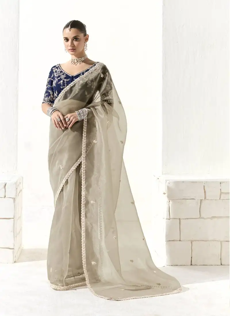 Gray glass tissue saree with sequin zari weaving blouse