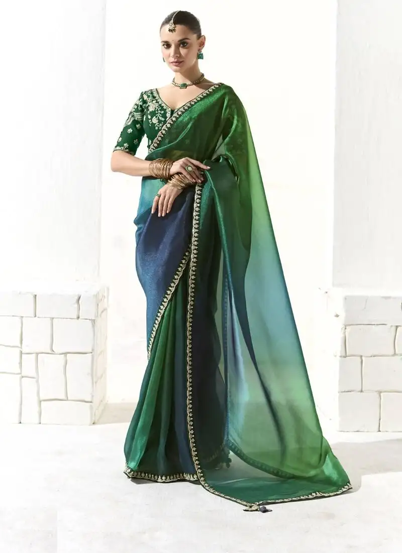 Shaded green & blue glass tissue saree with sequin zari weaving blouse