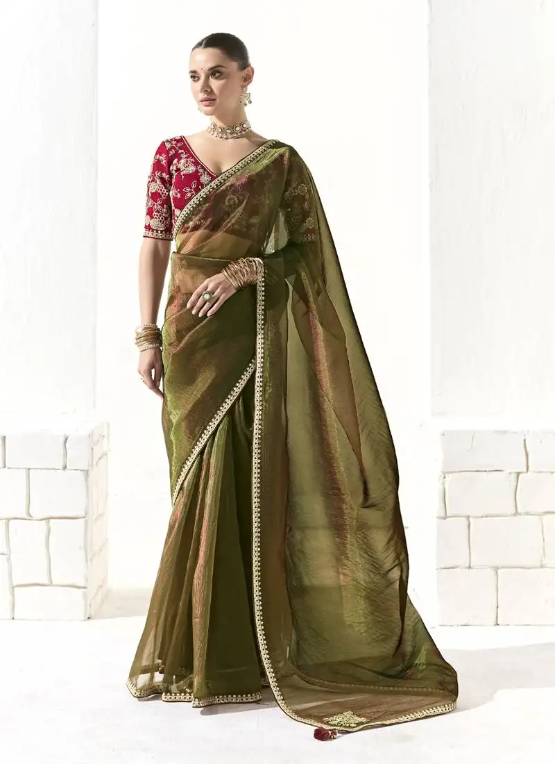 Olive glass tissue saree with sequin zari weaving blouse