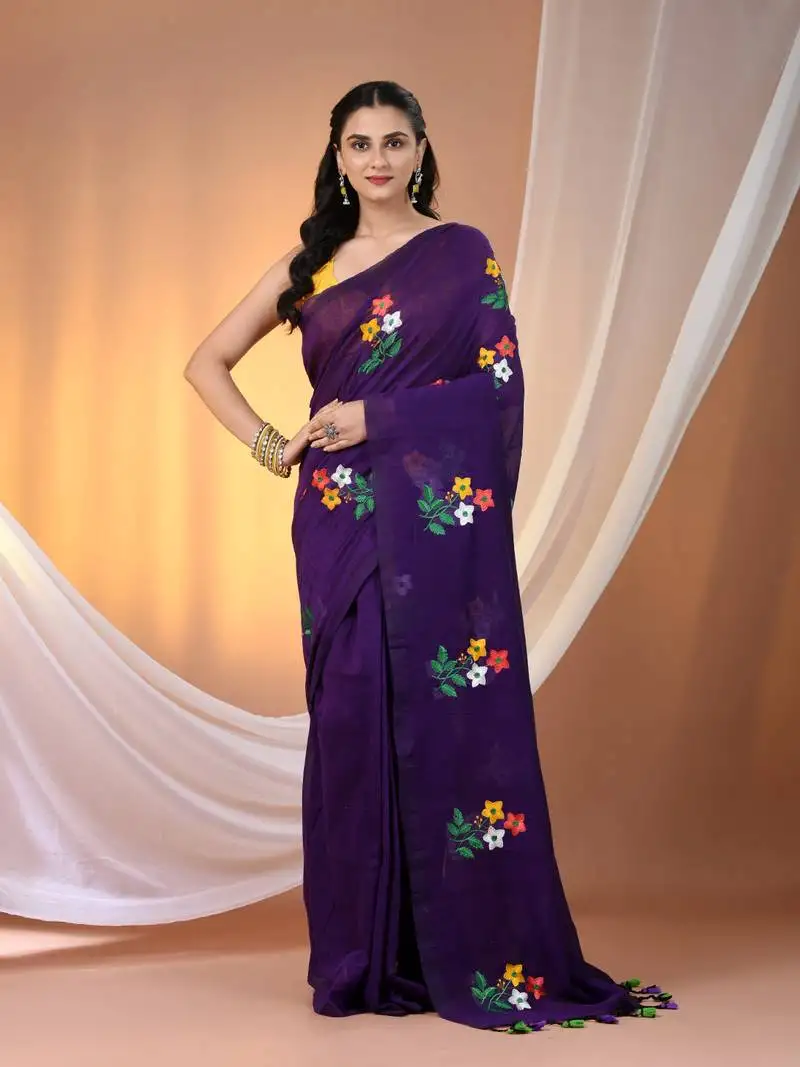 All over thread embroidery purple cotton handspun saree