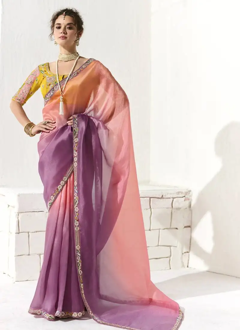 Shaded peach & mouve glass tissue saree with sequin zari weaving blouse