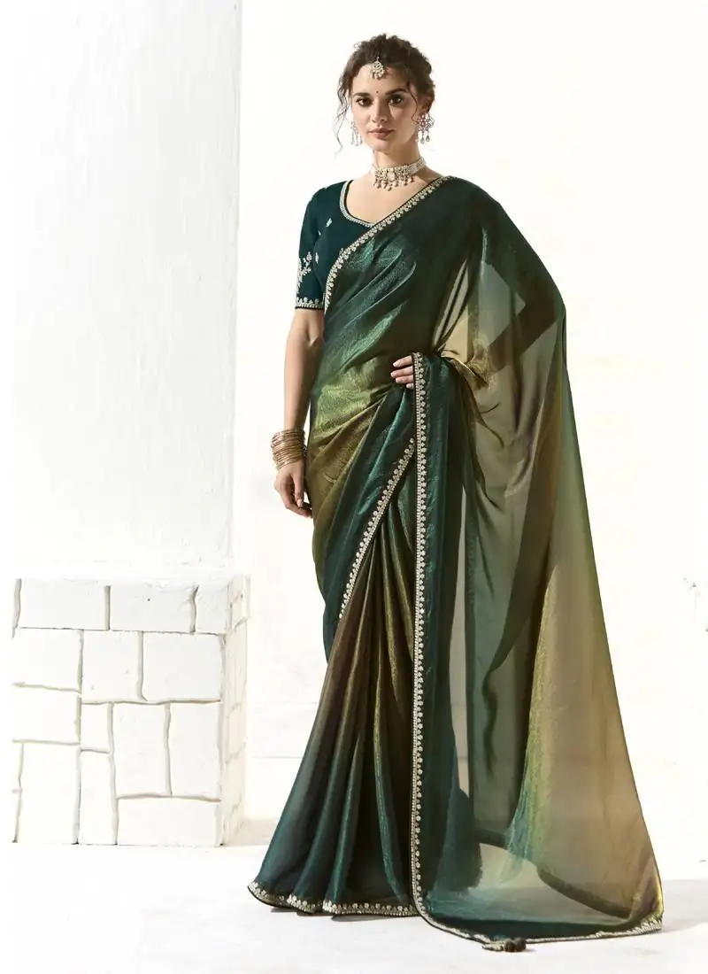 Green glass tissue saree with sequin zari weaving blouse