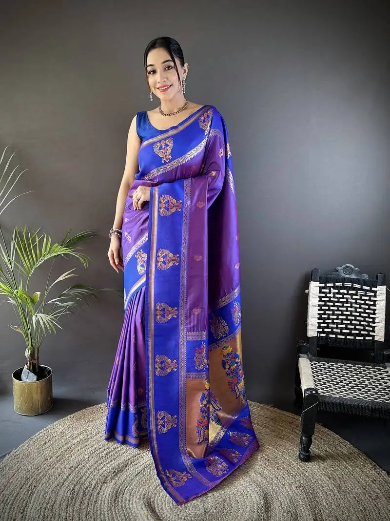Purple silk blend meenakari zari weaving paithani saree