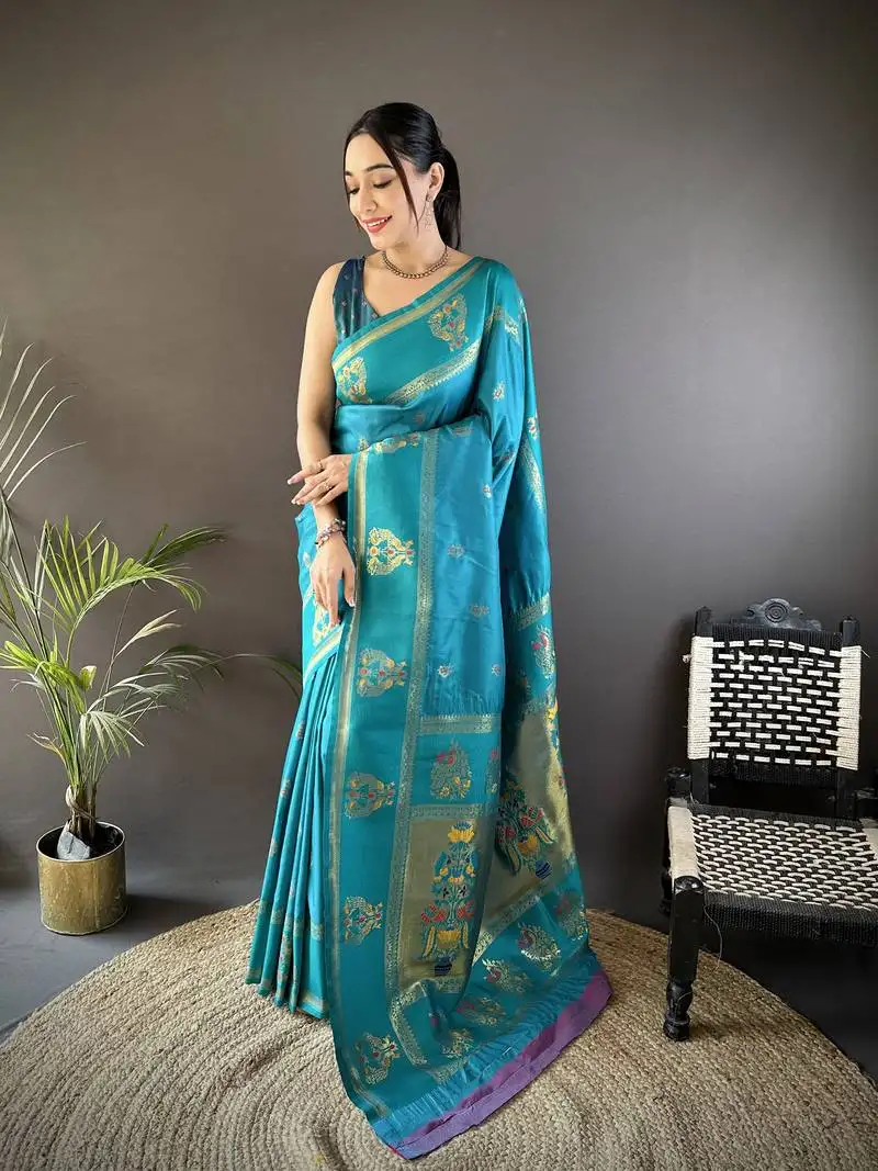 Sky blue silk blend meenakari zari weaving paithani saree