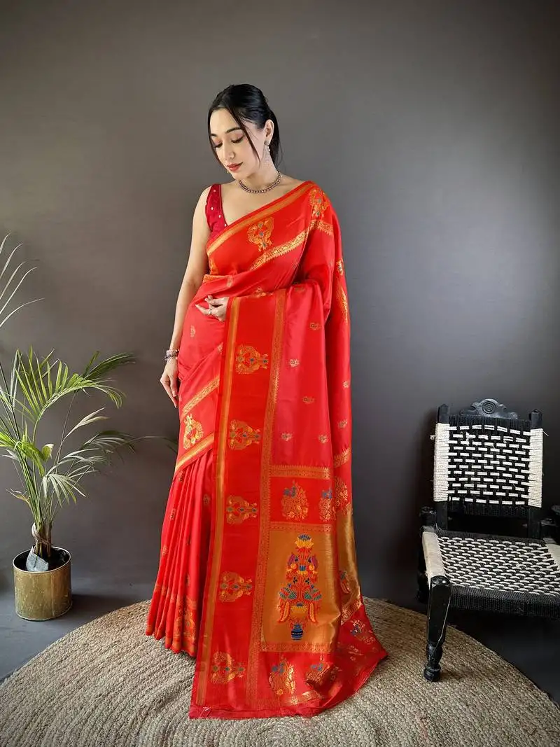 Red silk blend meenakari zari weaving paithani saree