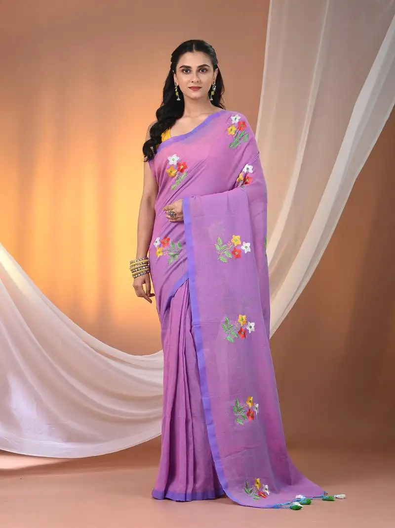 All over thread embroidery mauve cotton handspun saree