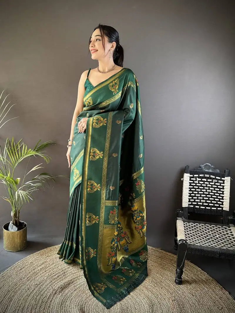 Dark green silk blend meenakari zari weaving paithani saree