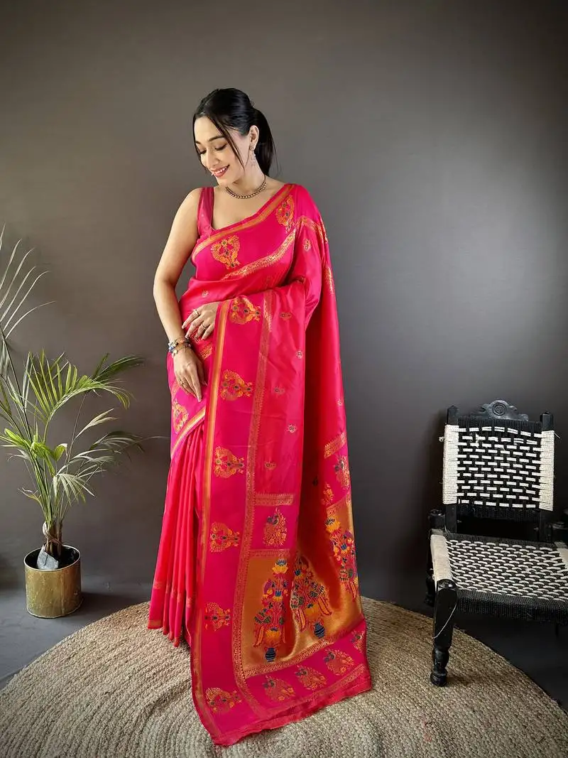 Pink silk blend meenakari zari weaving paithani saree